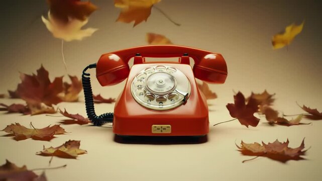 Autumn phone vintage rotary dial surrounded by falling autumn leaves