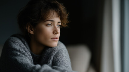 Young adult woman sitting alone in dimly lit room with arms wrapped around knees, conveying sadness, anxiety, and emotional pain in cinematic melancholy atmosphere