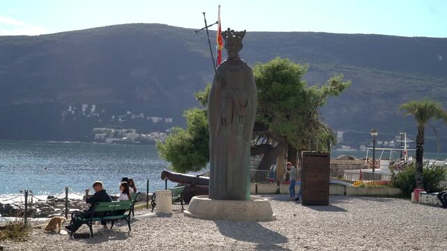 Captivating footage of the Monument to the Stefan Tvrtko I Kotromanic in the Herceg Novi, Montenegro.