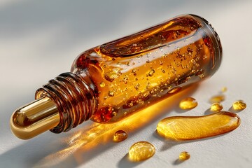 Luxurious flat lay of a brown glass dropper bottle on a clean white background, with several drops of rich, golden cosmetic serum spilled beside it.