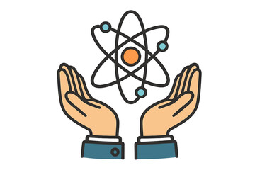 Science in our hands concept. Atom icon held in open palms. Metaphor for research, innovation, and nuclear energy. Physics, technology, and scientific development symbol.