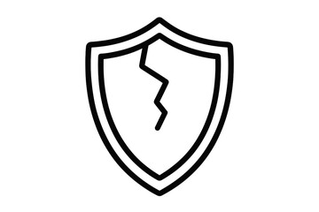 Broken shield icon concept of vulnerability, risk and failed security. Cracked defense symbol. Metaphor for data breach, insecure system or lack of protection. Vector outline.