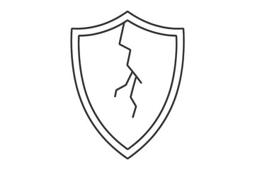 Broken shield icon. Security vulnerability metaphor. Cracked defense symbol. Data breach concept. Cyber attack risk. Weak protection unsafe. Danger concept. Vector outline illustration.
