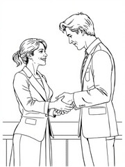 Minimilist a woman and a man in suits are shaking hands in a business setting with a white background outlined vector