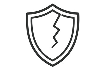 Cracked shield icon. Metaphor for vulnerability, security breach, data loss. Broken defense concept. Unsafe, unprotected, risk. System error, cyber attack, privacy failure.