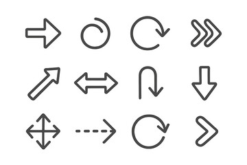 Arrow icon set in modern line style. Collection of simple pointers for navigation and direction. Vector elements for UI, UX, web design, apps. Includes refresh, reload, move, and circular symbols.