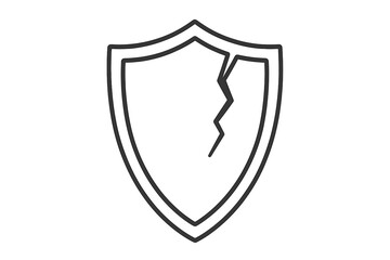 Cracked shield icon. Broken security symbol. Concept of vulnerability, risk, weak defense, and failed protection. Metaphor for data breach, cyber attack, or insecure system.
