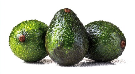 Three ripe avocados, glistening with water droplets, arranged in a row against a white background
