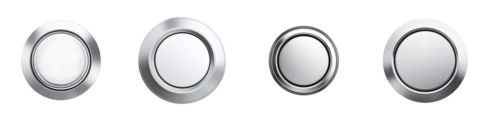 Metal Button Set: Stainless Steel Push Buttons on White Background