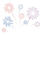 Pastel fireworks illustration on white background with pink blue and purple colors displayed