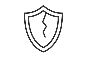 Cracked shield icon. Vector illustration of broken protection. Symbol of vulnerability, risk, and data breach. Unsafe, damage, and security failure concept. Cyber attack.