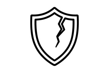 Cracked shield line icon. Broken security symbol. Concept of vulnerability, data breach, cyber attack, and weak protection. Unsafe, risk, and danger metaphor. Vector illustration.