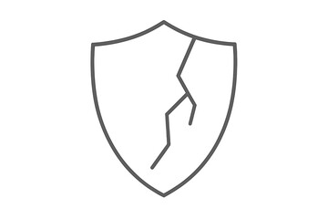 Cracked shield simple line icon. Vector cartoon illustration of a broken defense. Concept of vulnerability, security failure, data breach, risk, weak protection, insecurity.