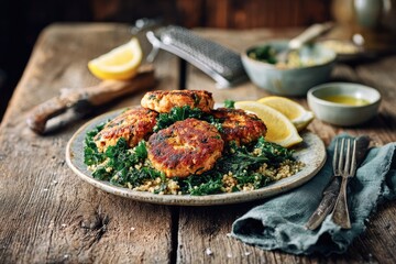Salmon patties on a bed of quinoa and kale.  Fresh, flavorful dish