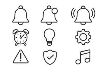 Notification and UI line icon set. Vector symbols for web and mobile apps. Includes bell alert, alarm clock, settings gear, security shield, idea lightbulb and warning sign.