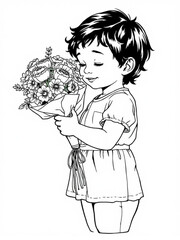 Minimilist a sweet boy smelling a bouquet of flowers with his eyes closed in a black and white line drawing style vector