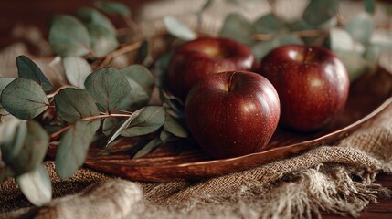 Copper plate, apples, and eucalyptus sprigs on woolen runner