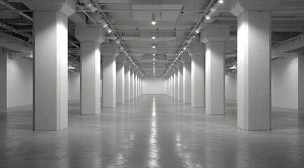 Empty, industrial-style interior. Long, white pillars line a wide, concrete floor space. Lighting illuminates the expanse