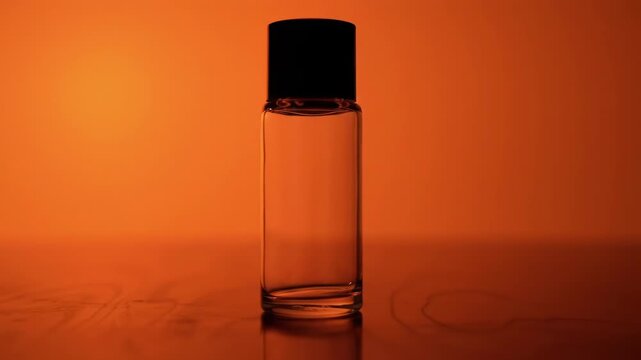 A clear glass roller bottle with a black cap sits on a reflective orange surface against an orange backdrop. The bottle is nearly empty, showcasing its transparent nature.  