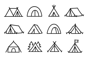 Tent icon set for camping and outdoor adventure. Line art symbols for hiking, travel, and nature exploration. Vector pictograms for web, graphic design, and apps. Shelter icon.
