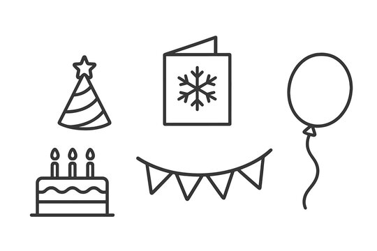 Party and holiday celebration linear icon set. Vector collection of birthday cake, party hat, snowflake card, garland, and balloon symbols. Simple outline design with editable stroke.