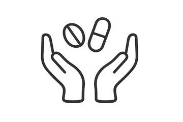 Obraz premium Hands holding pills outline icon. Medical care, pharmacy, and health concept. Vector illustration of giving medicine, drugs, vitamins, supplements, tablets, and capsules.