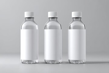 Three clear plastic water bottles with white labels, arranged in a row against a light gray background