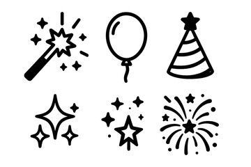 Celebration party icon set. Vector line art icons of magic wand, balloon, holiday hat, sparkling stars, fireworks. Hand drawn doodle style for cards, posts, apps, and web.
