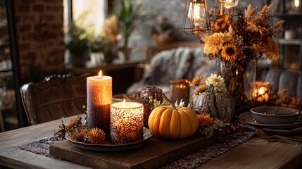 Autumnal elegance candlelight dinner scene with pumpkins and floral arrangement on a wooden table
