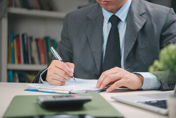 Businessman signing document and contract approval in office, paper agreement validation, authority...