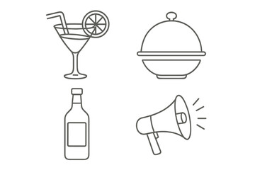Food and drink service icon set. Thin line art pictograms of cocktail, bottle, serving dome and megaphone. Vector graphic elements for bar, restaurant menu, catering or promo.