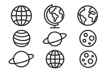 Globe and planet line icon collection. Outline signs for graphic and web design, apps. Earth, moon with craters, Saturn vector icons. World, space, astronomy symbol set.