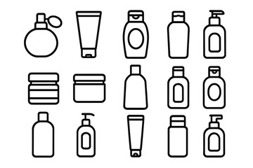 Fototapeta premium Cosmetic bottles line icon pack. Perfume, cream, shampoo, and gel outline signs for graphic and web design. Vector container and packaging symbols for beauty products and skincare.