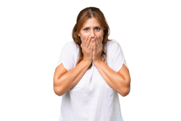 Middle-aged caucasian woman over isolated background happy and smiling covering mouth with hands