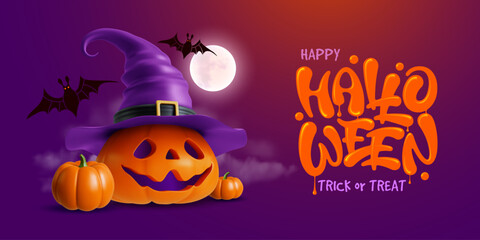Happy Halloween greeting card, banner. 3d realistic pumpkin with witch hat and carved funny face. Jack lantern, bats, mystical moon and fog made a creepy vibes of Halloween night. Vector illustration