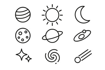 Space line icon set. Cosmos, astronomy symbols. Planet, sun, moon, star, galaxy, comet, meteor outline icons. Universe vector illustration for web design, app, ui, ux.