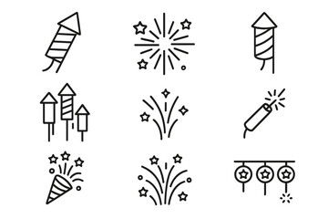 Firework celebration icon set with holiday pyrotechnics. Vector line art of rockets, firecrackers, sparklers, and festive bursts for New Year's Eve or the 4th of July party.