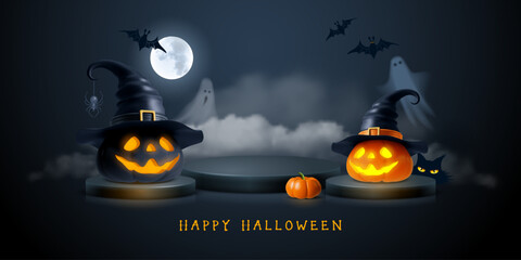Happy Halloween greeting card, banner with black podium. 3d pumpkins with witch hat and glowing face. Ghosts, bats, mystical moon and fog made a creepy vibes of Halloween night. Vector illustration