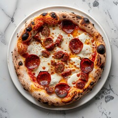 op-down food photography of a thin crust coal-fired pizza, lightly charred crust, topped with melted mozzarella, pepperoni, and sausage, cut into casual slices, on a simple white porcelain plate.