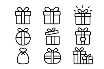 Gift box line icon set. Present and surprise vector symbols for celebration, birthday, Christmas. Holiday outline pictogram collection. Editable stroke linear illustration.
