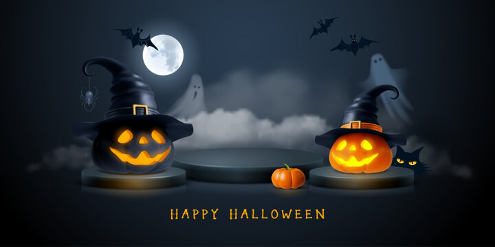 Happy Halloween greeting card, banner with black podium. 3d pumpkins with witch hat and glowing face. Ghosts, bats, mystical moon and fog made a creepy vibes of Halloween night. Vector illustration