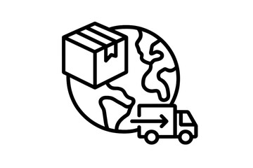 Global delivery icon with globe, truck, and package. International shipping, worldwide logistics, and e-commerce concept. Freight transport, cargo distribution, and order service.