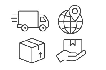 Shipping and delivery icon set. Logistics and global freight symbols. Fast truck, package tracking, order parcel, courier service. E-commerce business vector outline icons.
