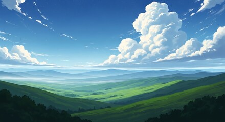 Serene Mountain Landscape with Fluffy Clouds.