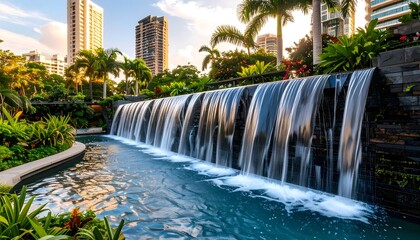 ​A stunning waterfall cascades into a tranquil pond, surrounded by lush tropical greenery and modern city buildings under a golden sunset