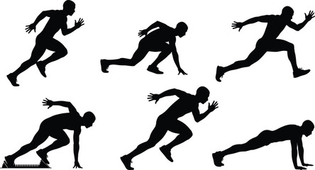 Running athlete silhouettes, sprint start poses, fitness motion vector, sports action figures, athletic running, workout positions, dynamic movement, sprinting man, fitness exercise, 