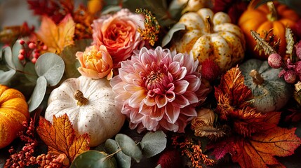 Stunning autumn harvest centerpiece with vibrant dahlias, roses, pumpkins, and fall leaves