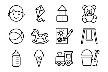 Childhood thin line icon set. Vector collection of kids toys, baby items, and playground objects. Editable stroke outline graphics for web and print. Boy, teddy bear, train.