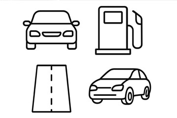 Car, gas station, road line icon set. Automotive, transport, and travel outline symbols. Vehicle, fuel pump, and highway pictogram collection for web, app, and graphic design.