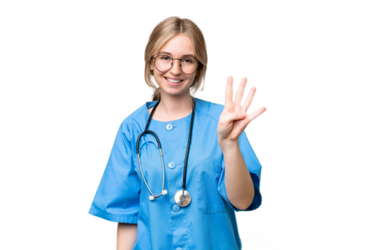 Young nurse English woman over isolated background happy and counting four with fingers